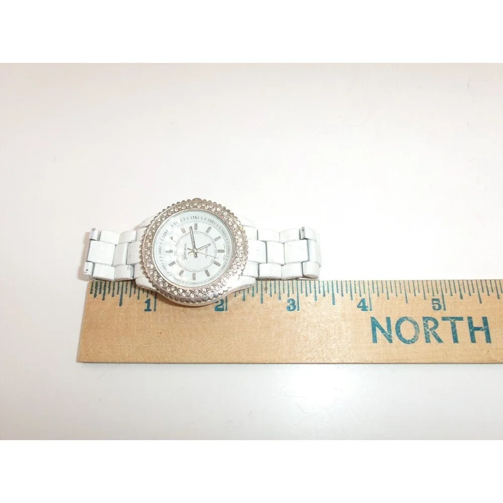 Geneva Platinum Japan Movt White Enamel Band Jeweled Dial Works Includes Battery